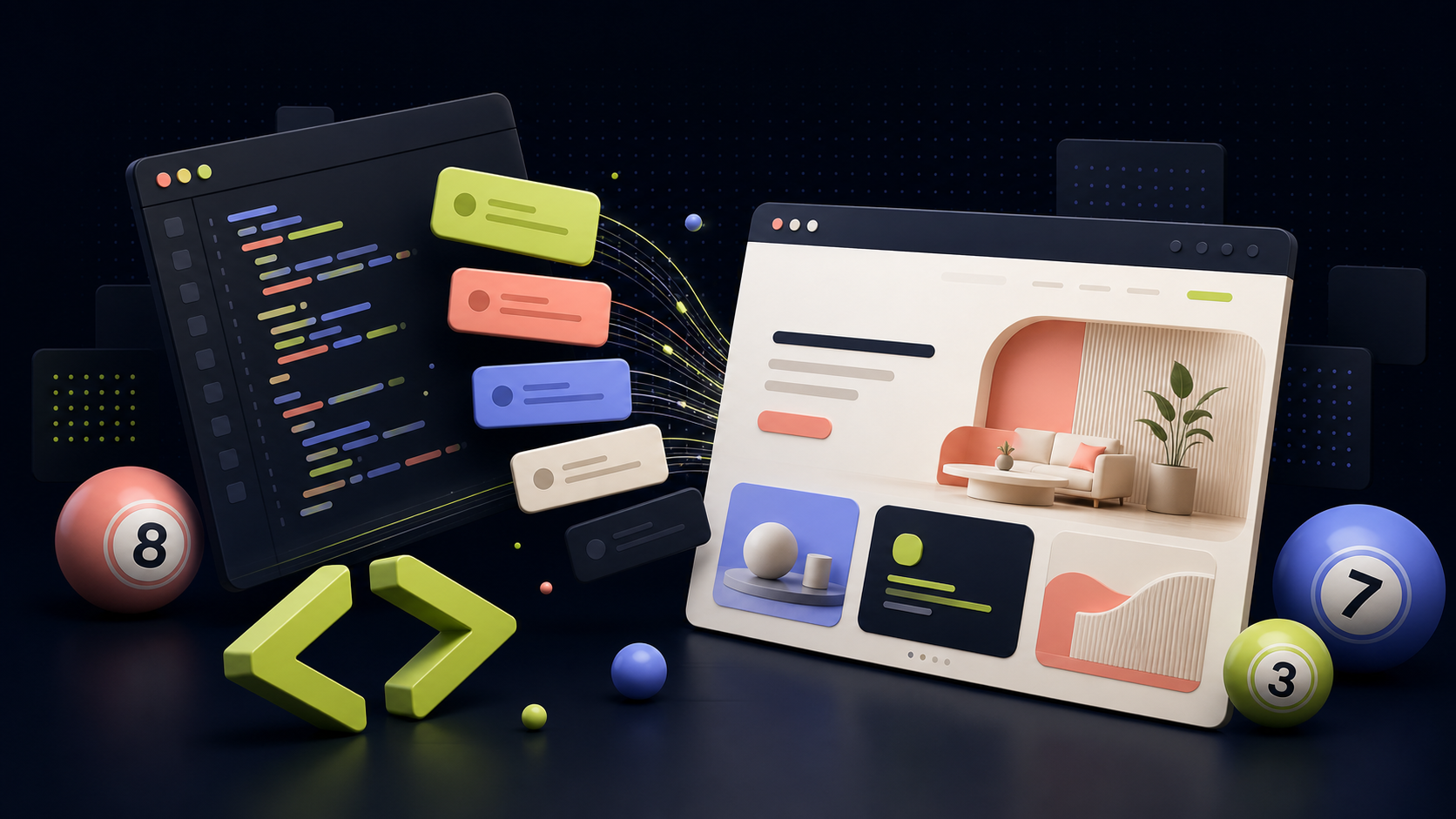 Abstract coding panels flowing into a designed website